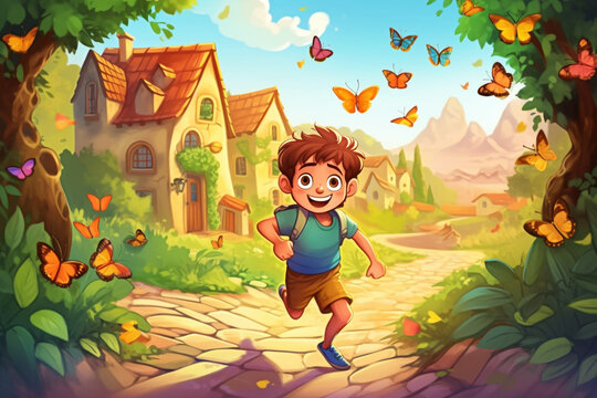 cartoon boy running behind the butterflies