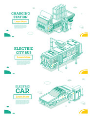 Isometric Electric Car, Bus and Flatbed Cargo Truck with Boxes on Charging Station.