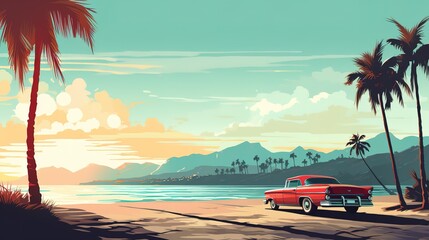 retro car on the beach with palm trees by the sea