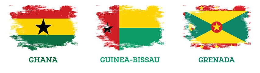 Guinea Bissau, Grenada and Ghana Flags Set with Brush Strokes.