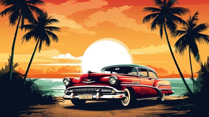 retro car on the beach with palm trees by the sea