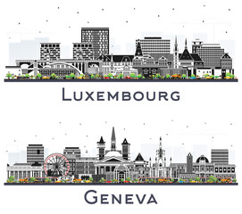 Geneva Switzerland and Luxembourg City Skyline Set with Color Buildings Isolated on White.