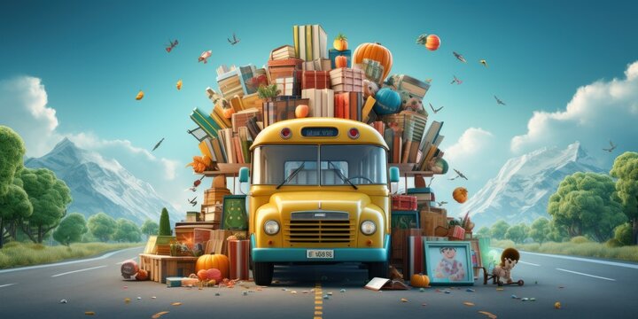 3d school bus with books and ornaments on blue background with 3d copy space,