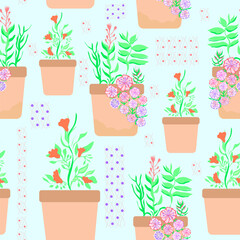 flower pots and patches seamless pattern design. Flower with plants in pot garden themed pastel seamless pattern