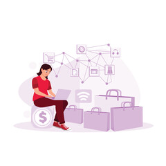 woman sitting on dollar coins while shopping online. The woman buys some gear online. Trend Modern vector flat illustration.
