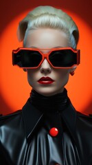 A stylish woman with futuristic eyewear and bold red lipstick stares confidently at the camera, creating a powerful portrait of fashion, technology, and modernity
