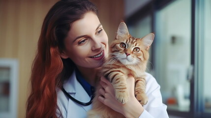 Veterinarian Holding and Petting a Furry Red cat in a Modern Veterinary Clinic