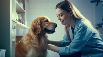 Female veterinarian is examining a golden retriever in the vet clinic