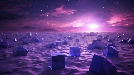 Starry sky with mystical purple light, huge blocks of stones on a sandy area 3d illustration