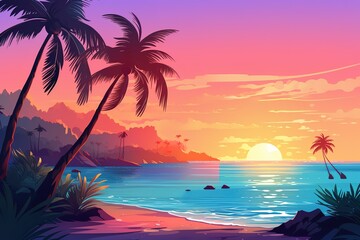 Summer landscape background with palm tree and sea.Colorful summer template. Concept of recreation