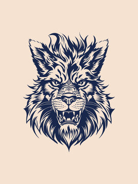 The fox lion head hand  black and white vector illustration 