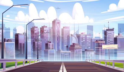 Modern cityscape with highway and plane in sky. Vector cartoon illustration of futuristic urban landscape, helicopter on roof of skyscraper, apartment houses and office buildings, clouds in blue sky