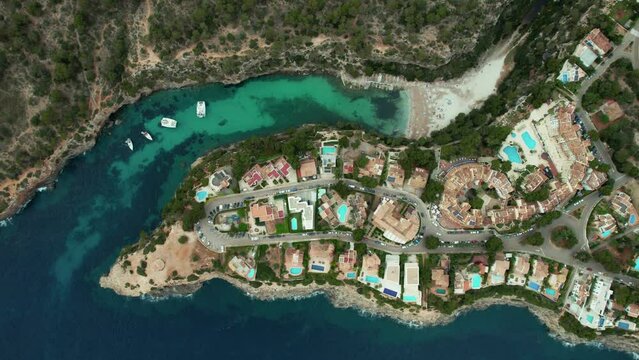 Topdown View Of Cala Pi Beach And Bay With Llucmajor At The Balearic Islands In Mallorca, Spain. aerial