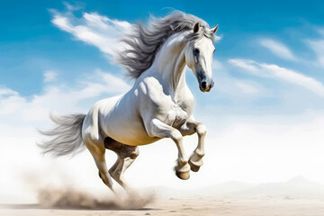 Obraz na płótnie Canvas White stallion in the desert against blue sky