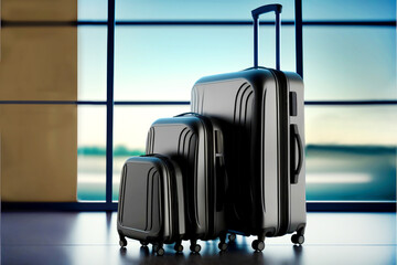 Naklejka premium Three suitcases in an empty airport hall, traveler cases in the departure airport terminal waiting for the area, vacation concept, blank space for text message or design