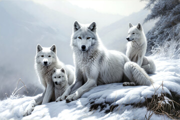 Obraz na płótnie Canvas Arctic Wolf family in a snowy landscape.