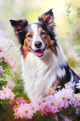 Border collie surrounded by pink flowers