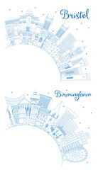Outline Birmingham and Bristol UK City Skyline Set with Blue Buildings and Copy Space.