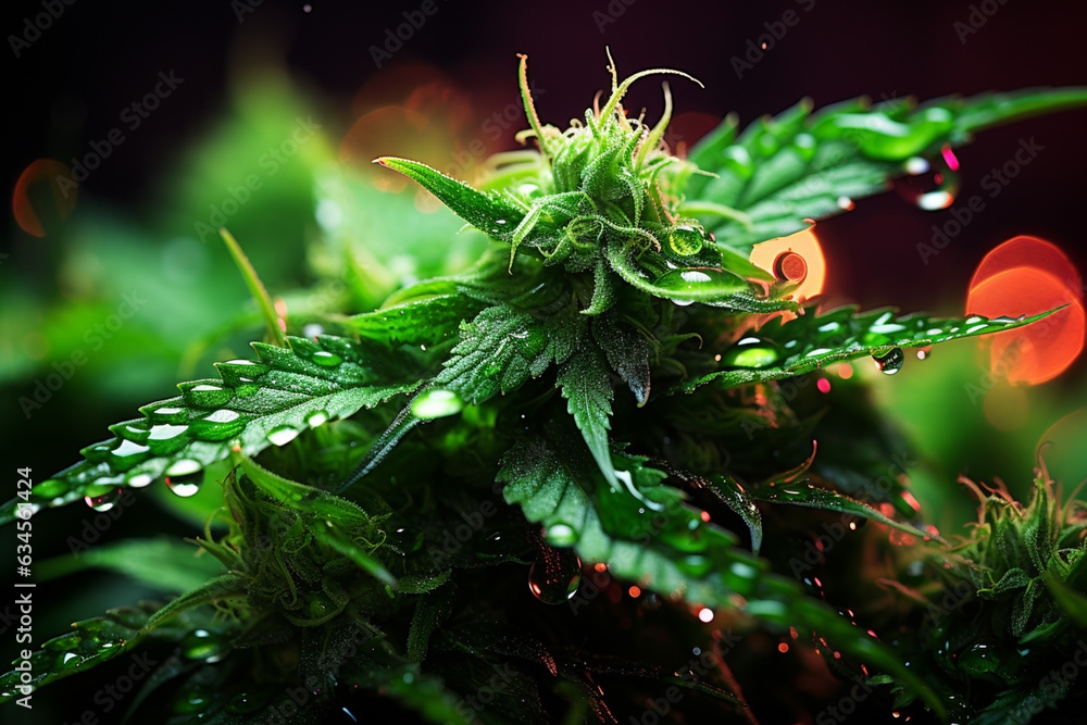 Leinwandbilder a macro image of cannabis leaves with visible trichomes and bright green hues. painted generative ai