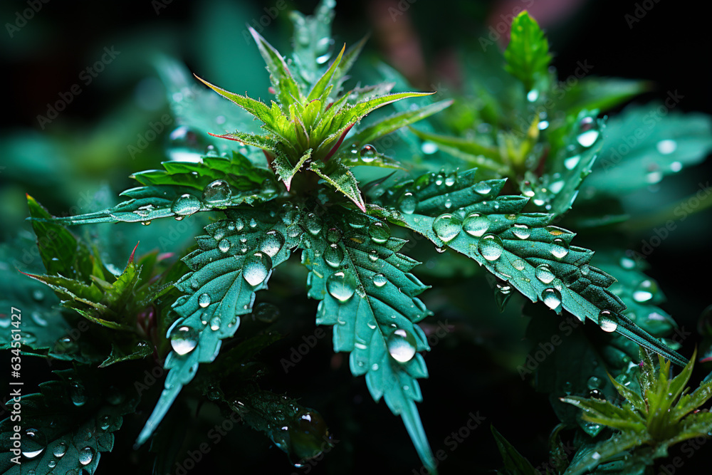 Poster a macro image of cannabis leaves with visible trichomes and bright green hues. painted generative ai