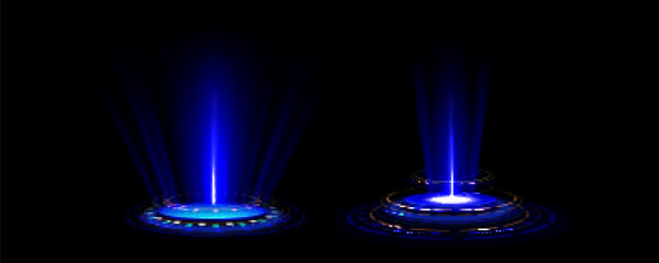 Blue glowing neon game portal - realistic vector illustration of futuristic teleport podium for game ui concept. Magic or cyberpunk hologram port with flare and light circle effect for travel in space