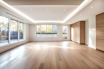New big luxury modern house with decorative moldings, ceiling lighting and wooden floor. Empty rooms. 