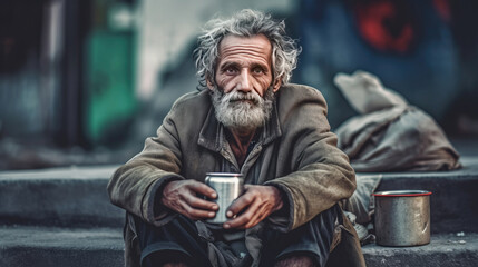 Fototapeta na wymiar A homeless beggar man sitting outdoors in city asking for money donation. Generative Ai