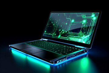 New and futuristic technologies, notebook illuminated with LED, black background