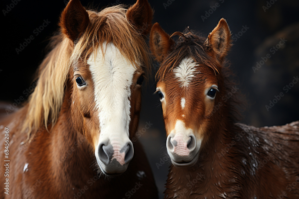 Poster a snapshot of a horse and its foal nuzzling each other in a heartwarming display of maternal care an