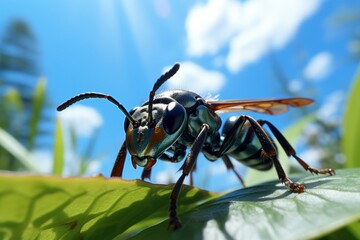 Close up Shot of Ant Finding Food on Leaf Cloudy Blue Sky Background. Generative Ai