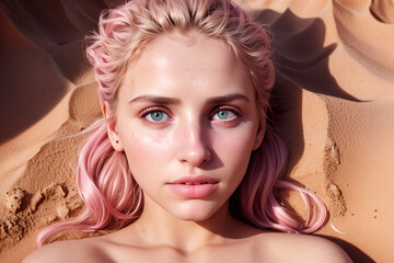 captivating close-up of a beautiful young girl with blue eyes, wearing pink in the enchanting embrace of the desert