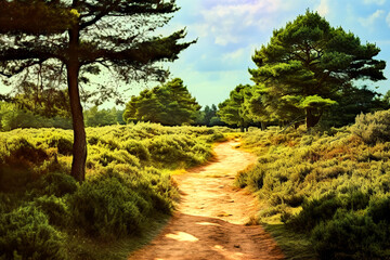 Fototapeta na wymiar Romantic, kitschy heathland with a sandy path through the heather bushes, made with generative ai