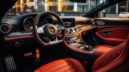 Fototapeta premium Modern luxury car interior details, steering wheel, gearshift lever, and dashboard.