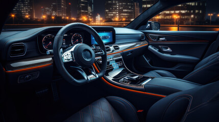 Modern luxury car interior details, steering wheel, gearshift lever, and dashboard.