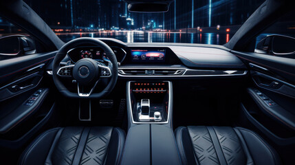 Modern luxury car interior details, steering wheel, gearshift lever, and dashboard.