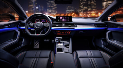 Modern luxury car interior details, steering wheel, gearshift lever, and dashboard.