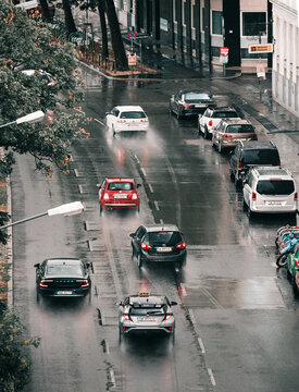Vienna, Austria: aerial view of heavy traffic at Rossauer Lande on a rainy day