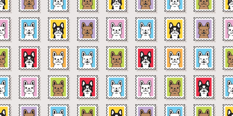 dog seamless pattern french bulldog stamp post mail cartoon puppy smile vector pet doodle gift wrapping paper repeat wallpaper tile background scarf isolated illustration design
