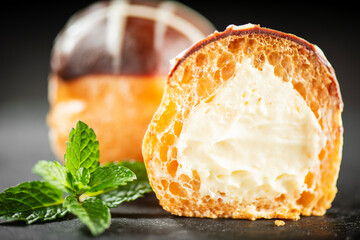Delicate gluten free choux pastry ball filled with Bavarian patisserie cream.