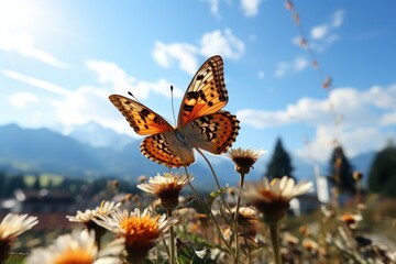 Fototapeta premium Beautiful Butterfly Surrounded by Flowers and Leaves Blue Sky Background. Generative Ai