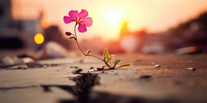 Pink flower growing on crack street sunset background 