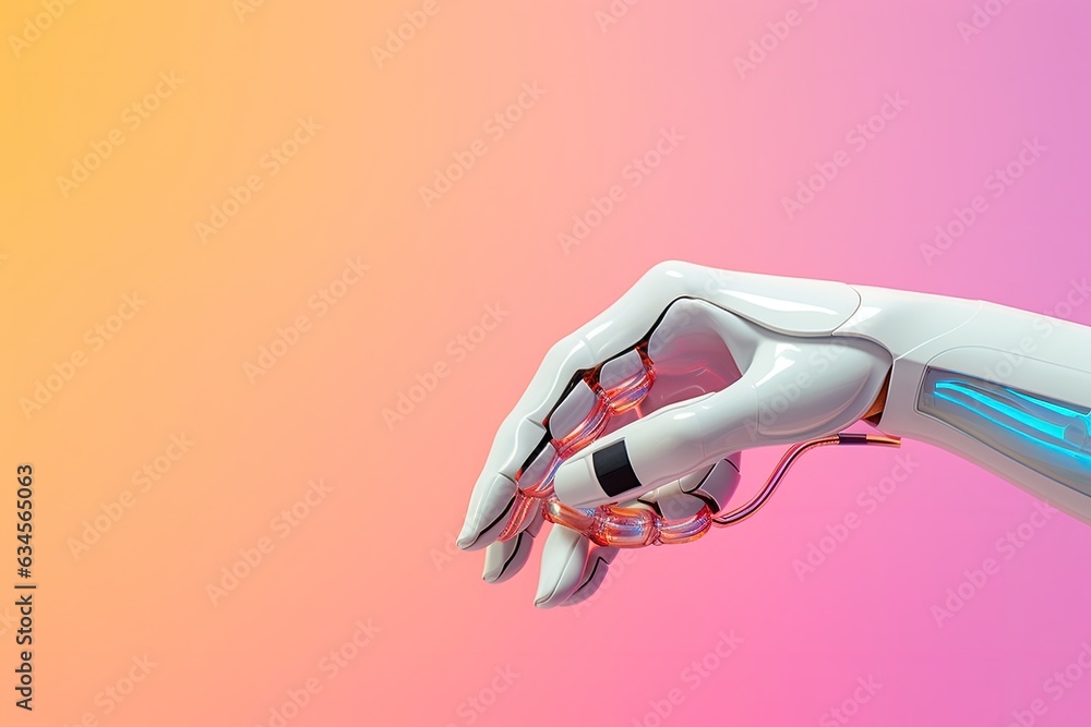 Poster cyborg hand in white, a glimpse of future technology. abstract 3d rendering concept.