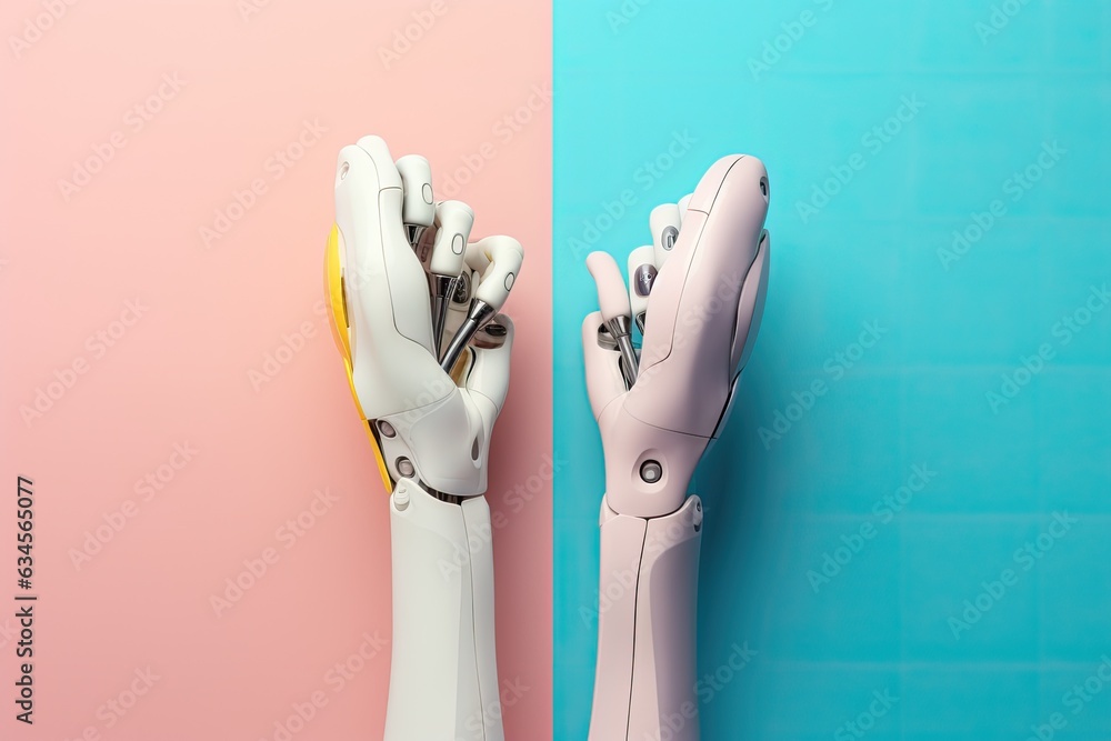 Aufkleber ai-controlled robotic hands on a pink and blue background. the future of artificial intelligence.