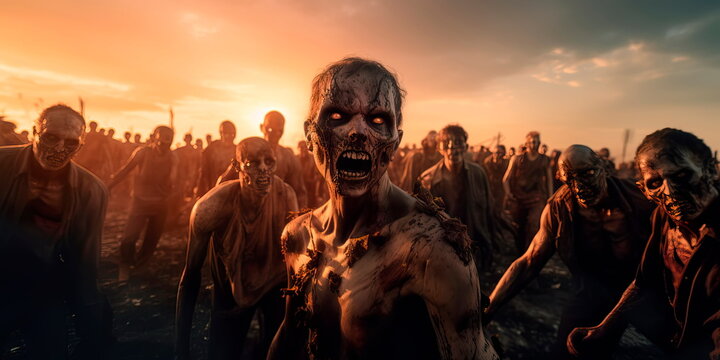 Apocalypse fantasy scene hroup of zombie walking. Halloween concept Generative AI