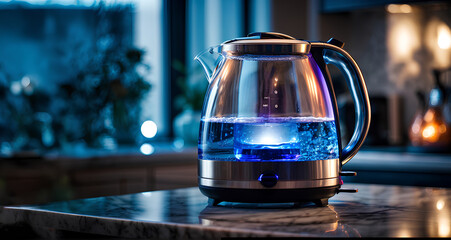 An electric kettle is in the kitchen and boils water with a blue backlight.