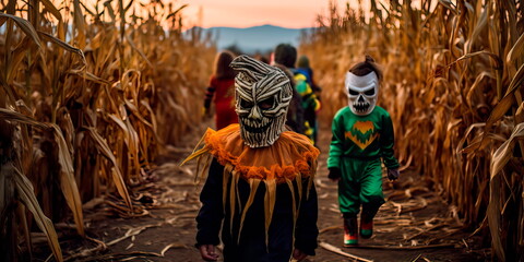 Children dressed in costumes exploring a haunted corn maze, with jack-o'-lanterns guiding their way. Generative Ai