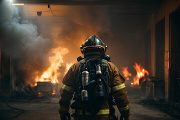 A firefighter at work, in uniform, wearing a helmet and an oxygen mask, goes to the fire.