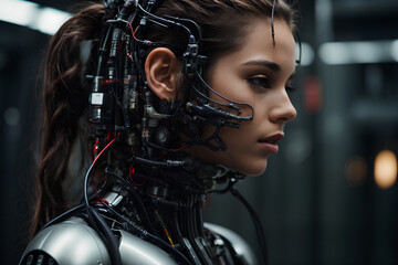 Obraz premium Cyborg girl, android in wires and tubes. artificial intelligence.