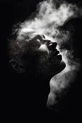 	
Man in the clouds of smoke and dust. Stunning photorealistic portrait in black and white, generative art