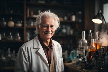 Fototapeta na wymiar An old smiling scientist is sitting in his laboratory.